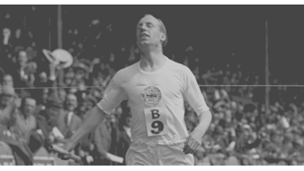 A black and white photo of Eric Liddell running