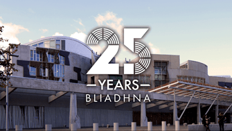 25th anniversary logo over the Scottish Parliament building